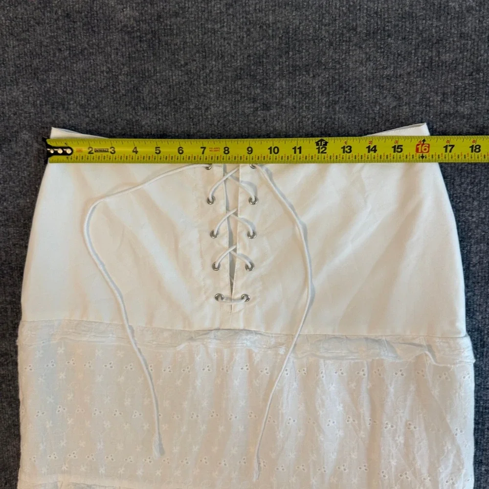Over Kleshas White Eyelet Lace Up Tiered Boho Maxi Skirt Cottagecore Size Large